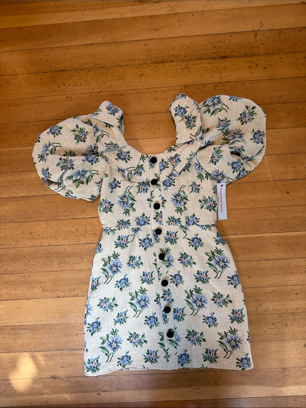 Sister Jane Floral Puff-Sleeve Button-Front Mini Dress - Cream with Blue Floral